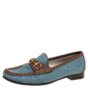 Pre Owned Gucci Blue/Brown Denim Fabric And Leather Horsebit Loafers Size 37.5
