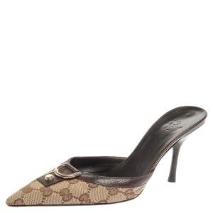 مملوكة مسبقًا Gucci Brown/Beige GG Canvas D Ring Pointed Toe Mules Size 37