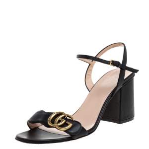 Pre Owned صندل غوتشي مارمونت جي جي كعب سميك و سير كاحل جلد أسود مقاس 38