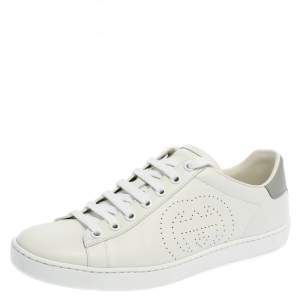 مملوكة مسبقًا Gucci White/Grey Perforated Interlocking G Leather Ace Sneakers Size 37