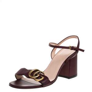 Pre Owned صندل غوتشي مارمونت كعب سميك و سير كاحل جلد عنابي مقاس 36