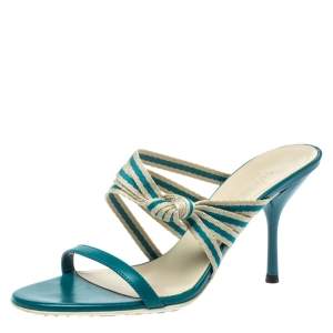 Gucci Teal Blue Fabric and Leather Mirabelle Slide Sandals Size 36