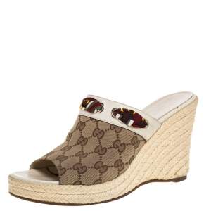 Pre Owned صندل سلايد غوتشي مقدمة مفتوحة و كعب روكي إسبادريل كانفاس جي جي بيج مقاس 40