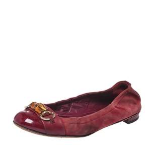 Gucci Burgundy Suede And Patent Leather Bamboo Horsebit Ballet Flats Size 39