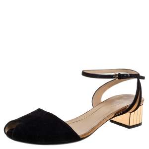 Pre Owned صندل غوتشي مقدمة مفتوحة و فتحة كعب جلد و سويدي أسود و ذهبي مقاس 37.5