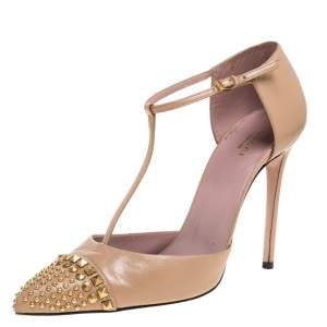 Pre Owned Gucci Beige Leather Coline Studded T-Strap Pointed Toe Pumps Size 41.5