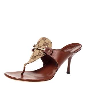 Pre Owned Gucci Brown Leather and GG Canvas Slide Sandals Size 38