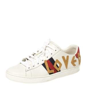 Gucci White Leather Loved Embroidered Ace Sneakers Size 37.5