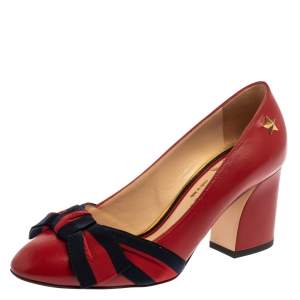 Pre Owned Gucci Red Leather Web Bow Block Heel Pumps Size 34.5