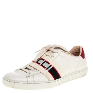 مملوكة مسبقًا Gucci White/Red Leather Ace Gucci Band Low Top Sneakers Size 37.5