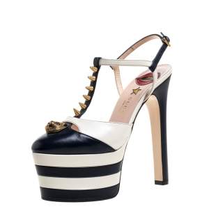 Pre Owned صندل غوتشى سيور كاحل نعل سميك مرصع سبايك جلد أبيض وأزرق مقاس 37