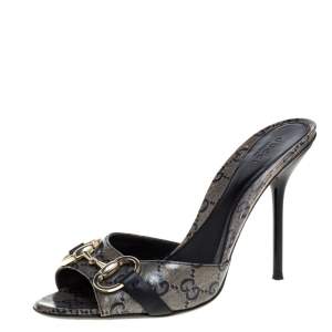 Pre Owned Gucci Metallic Monogram Coated GG Canvas Slide Sandals Size 38