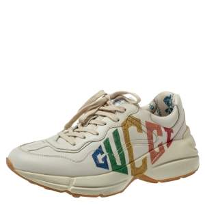 Pre Owned Gucci White Leather Glitter Rhyton Lace Up Sneakers Size 40