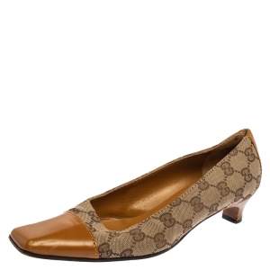 مملوكة مسبقًا Gucci Tan/Beige GG Canvas and Leather Square Cap Toe Pumps Size 37