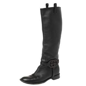 مملوكة مسبقًا Gucci Black Leather Interlocking G Mid Calf Boots Size 35