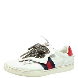 Pre Owned Gucci White Leather Ace Embellished Bow Patch Lace Up Sneakers Size 37