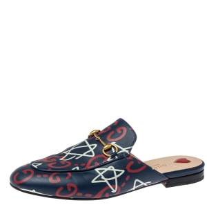 مملوكة مسبقًا Gucci Navy Blue Leather Apollo Star Princetown Mules Size 38