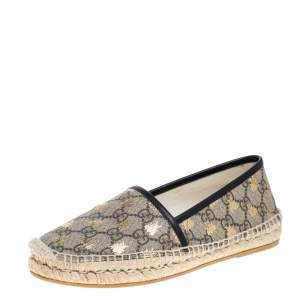 Pre Owned Gucci Beige/Black Coated Canvas and Leather Bee Espadrilles Size 36.5
