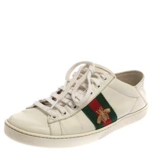 مملوكة مسبقًا Gucci White Leather Embroidered Bee Ace Low Top Sneakers Size 37