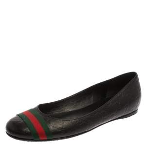 Pre Owned Gucci Black Guccissima Leather Web Stripe Ballet Flats Size 38.5