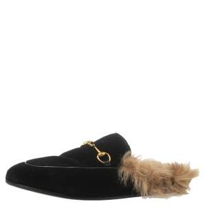 Pre Owned Gucci Black Velvet And Fur Lined Princetown Flat Mules Size 39.5