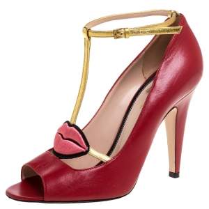 Pre Owned صندل غوتشي مولينا جلد أحمر سير حرف تي مقاس 38.5