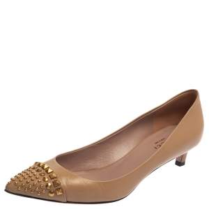 Pre Owned Gucci Beige Leather Studded Cap Toe Pumps Size 37.5