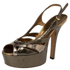 Pre Owned Gucci Metallic Green Snakeskin Platform Sandals Size 38