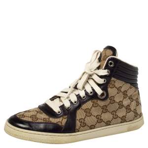 مملوكة مسبقًا حذاء رياضى غوتشى مرتفع من أعلى جلد وكانفاس جى جى بيج مقاس 36.5 