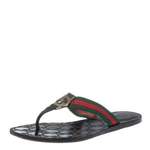 Pre Owned Gucci Black Leather And Web Interlocking G Thong Flats Size 39