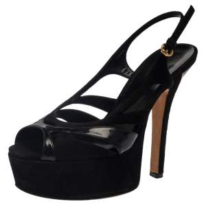 Pre Owned Gucci Black Suede And Patent Platform  Slingback Sandals Size 38