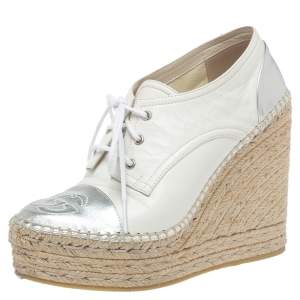 مملوكة مسبقًا Gucci White/Silver Leather GG Logo Pilar Espadrille Wedges Size 36