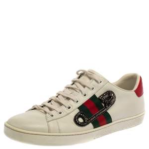 Gucci White Leather Embossed Python Trim Web Detail Embellishment Ace Low Top Sneakers Size 40