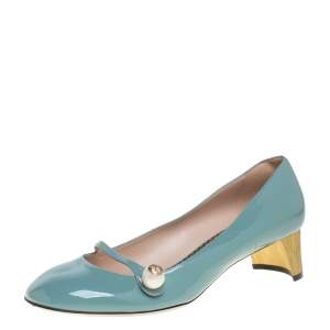 Pre Owned Gucci Blue Patent Leather Pearl Detail Mary Jane Pumps Size 40