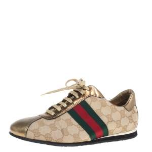 Pre Owned حذاء رياضي غوتشي برقبة منخفضة كانفاس جي جي وجلد ويب بعنق منخفض ذهبي / بيج مقاس 37.5