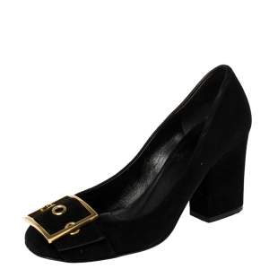 Pre Owned Gucci Black Suede Buckle Detail Block Heel Pumps Size 38