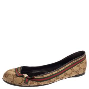 Pre Owned حذاء فلات باليه غوتشى تفاصيل فيونكة ويب مايفير كانفاس جى جى بيج مقاس 40