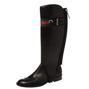 Gucci Black Leather Web Stripe Knee Length Boots Size 39.5