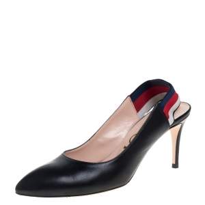 Gucci Black Leather Sylvie Web Detail Slingback Sandals Size 38
