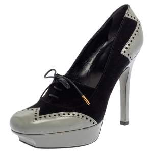 Pre Owned Gucci Black/Grey Suede And Leather Oxford Lace Platform Pumps Size 39