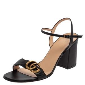 Pre Owned Gucci Black Leather GG Marmont Block Heel Ankle Strap Sandals Size 39