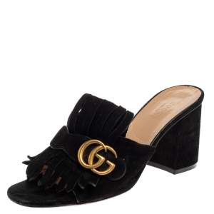 Pre Owned Gucci Black Suede GG Marmont Fringe Sandals Size 39.5