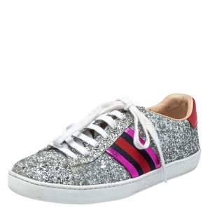 Gucci Silver Glitter And Leather Ace Web Low-top Sneakers Size 37