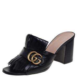 Pre Owned Gucci Black Leather GG Marmont Fringe Detail Open Toe Sandals Size 39