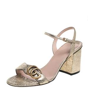 Pre Owned Gucci Metallic Gold Foil Leather Marmont Block Heel Ankle Strap Sandals Size 38