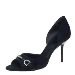 Pre Owned حذاء كعب عالي غوتشي طراز دورسي مقدمة مفتوحة مزين هورسبيت كانفاس أسود مقاس 37.5