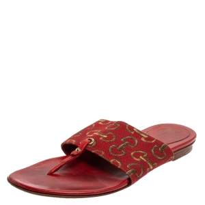 Gucci Red Canvas And Leather Thong Flats Sandals Size 36.5