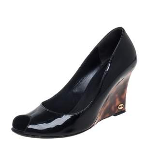  Gucci Black Patent Leather Peep Toe Wedge Pumps Size 36.5