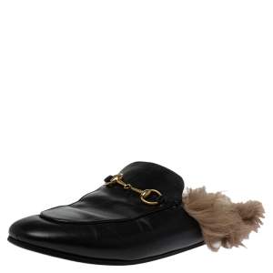 Gucci Black Leather And Fur Princetown Mules Size 38