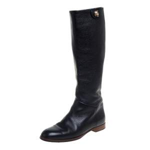 Pre Owned Gucci Black Leather Riding Mid Calf  Boots Size 35.5